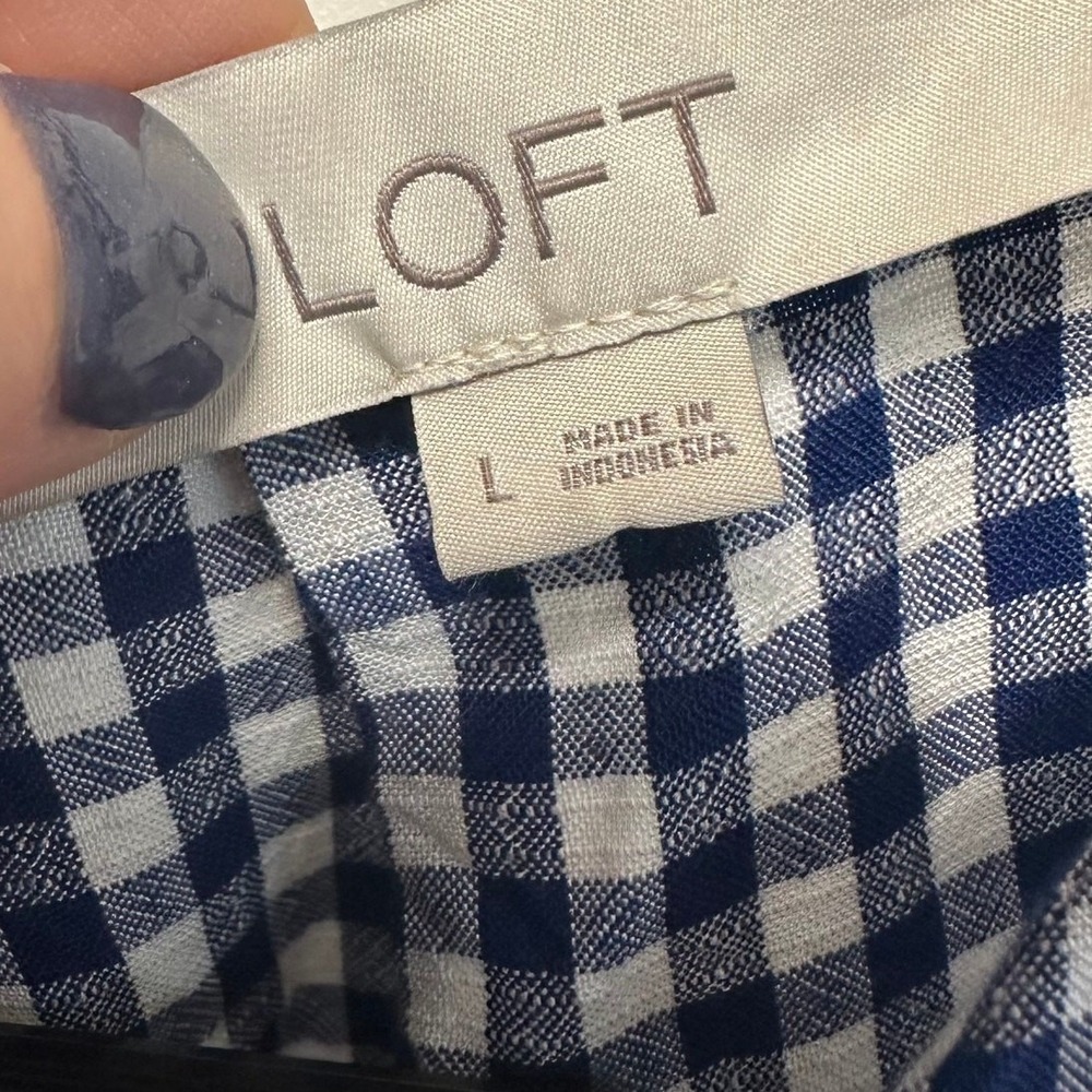 LOFT Gingham Cropped Blouse Tie Front Blue White Plaid Western Festival Sz L - Picture 3 of 8